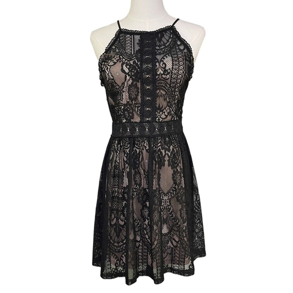 Altar’d State Black Lace Halter Dress Small Boho Nude Lined Fit Flare Feminine